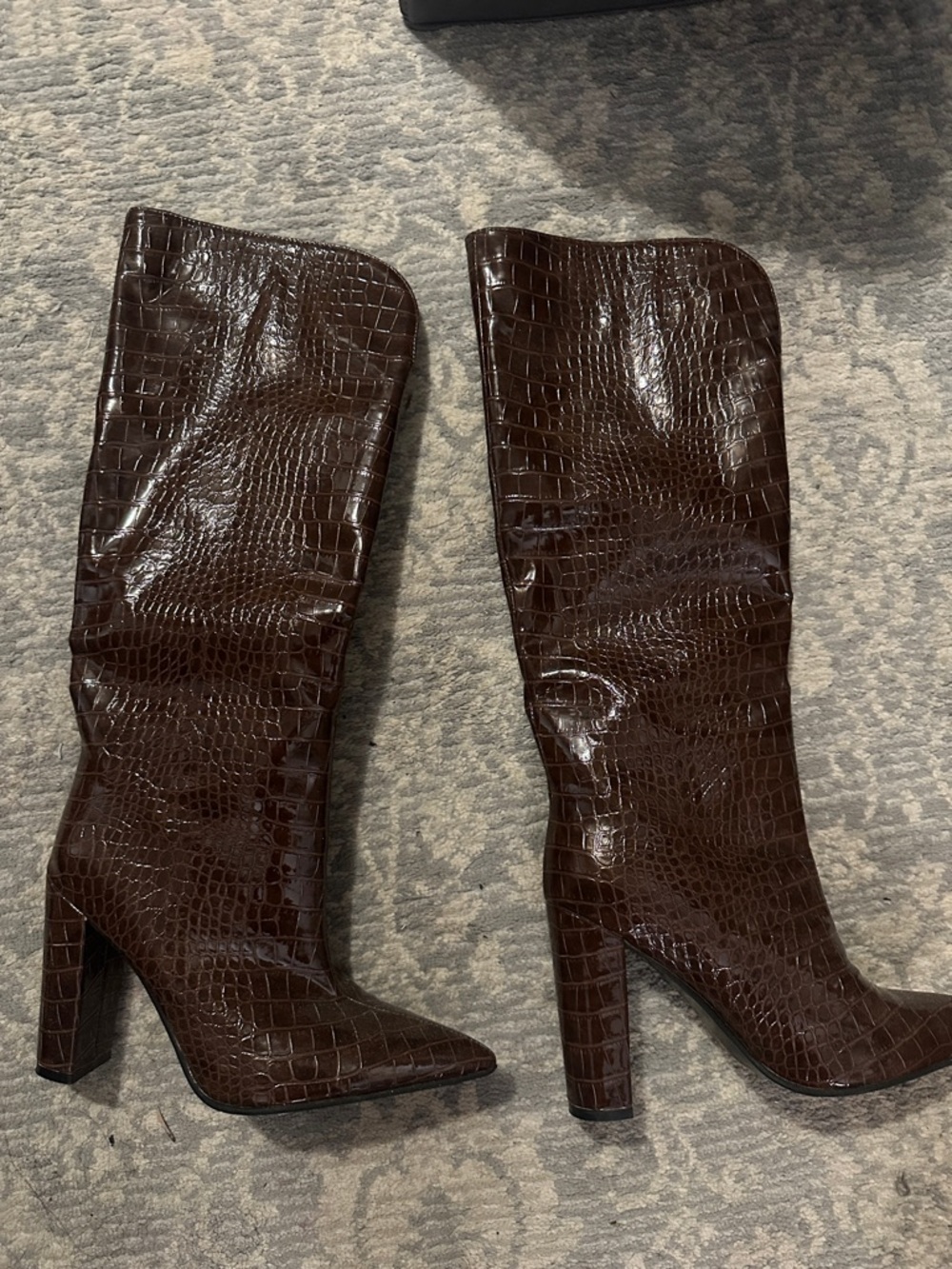 Women's Brown Croc-Embossed Knee Boots